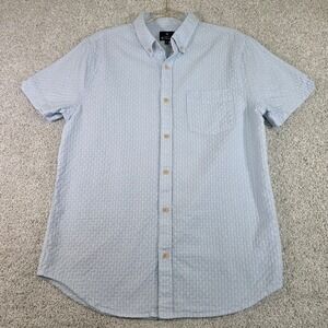 Ben Sherman Men L Short Sleeve Button Down Shirt Light Blue Grid Seersucker